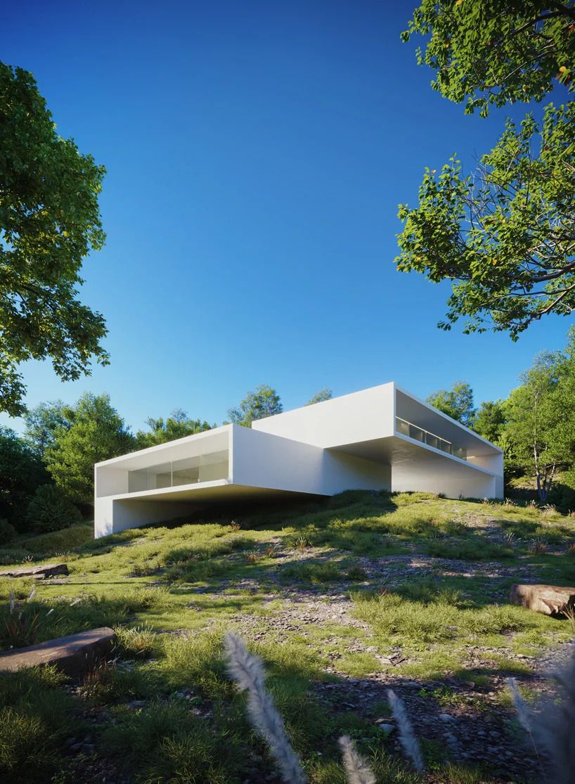 White house on green hill features a stack of two boxy volumes.