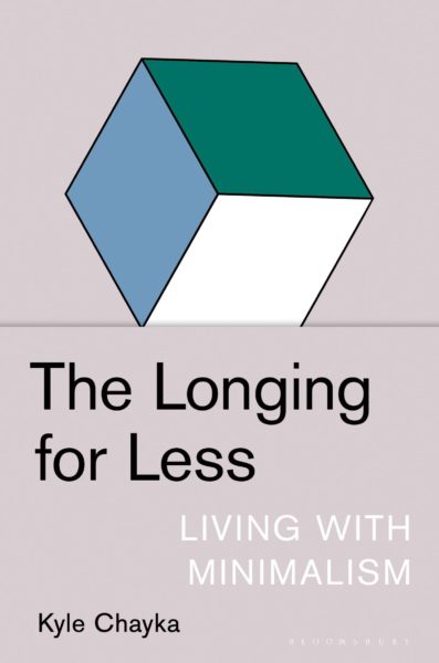 A book cover for “The Longing for Less: Living with Minimalism” features a gray background with a hexagon composed of three green, white, and blue diamonds