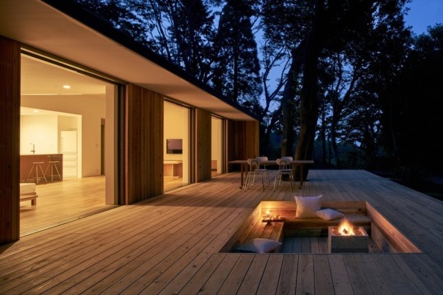 A timber deck at night