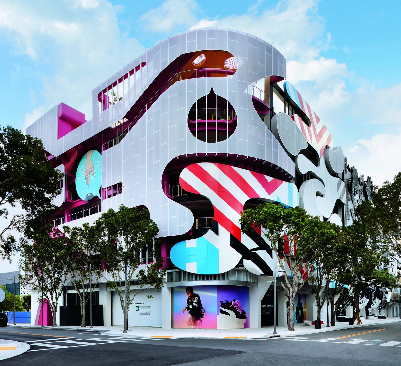 a colorful parking garage that is multipurposed 