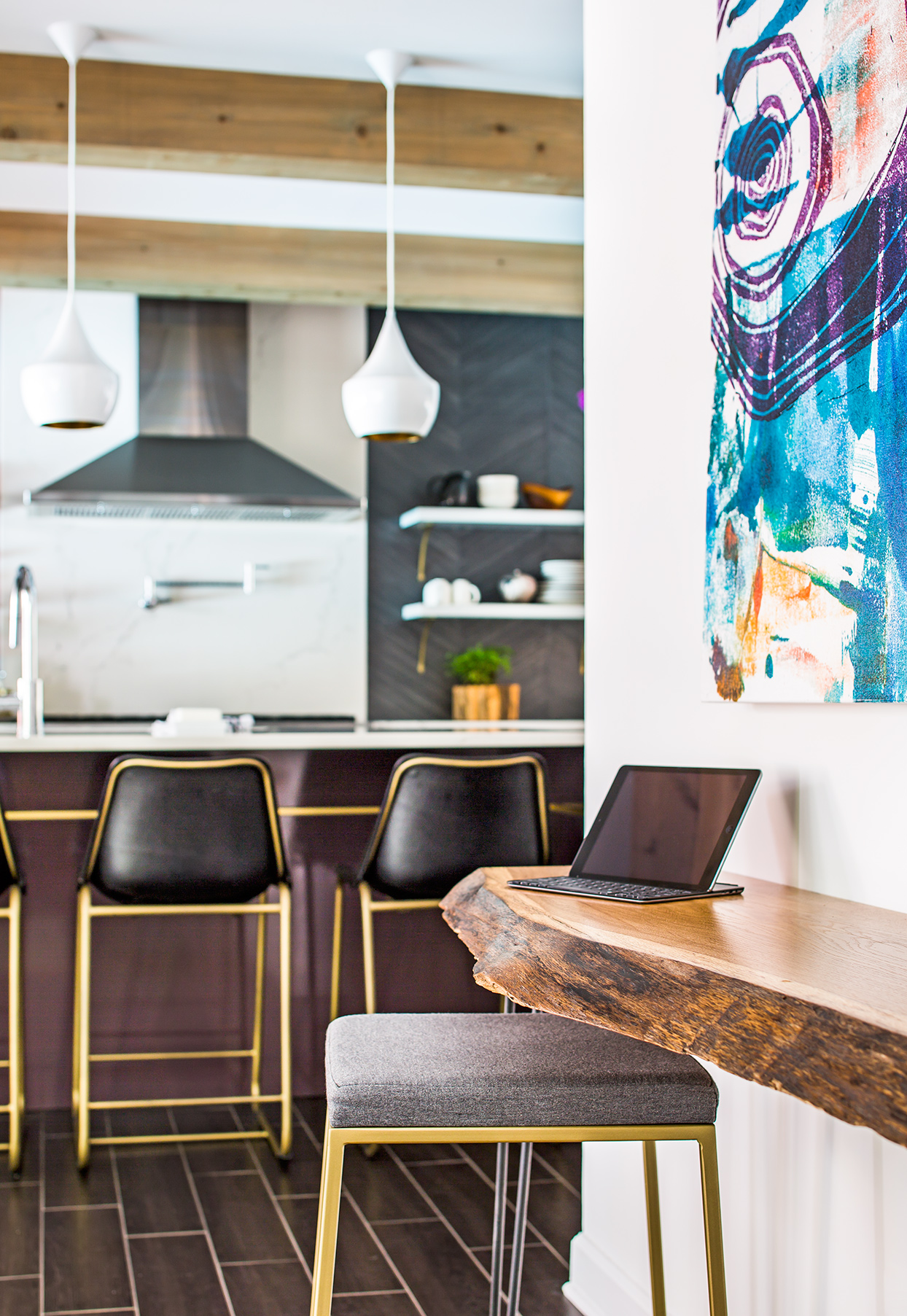 modern kitchen with wooden shelf