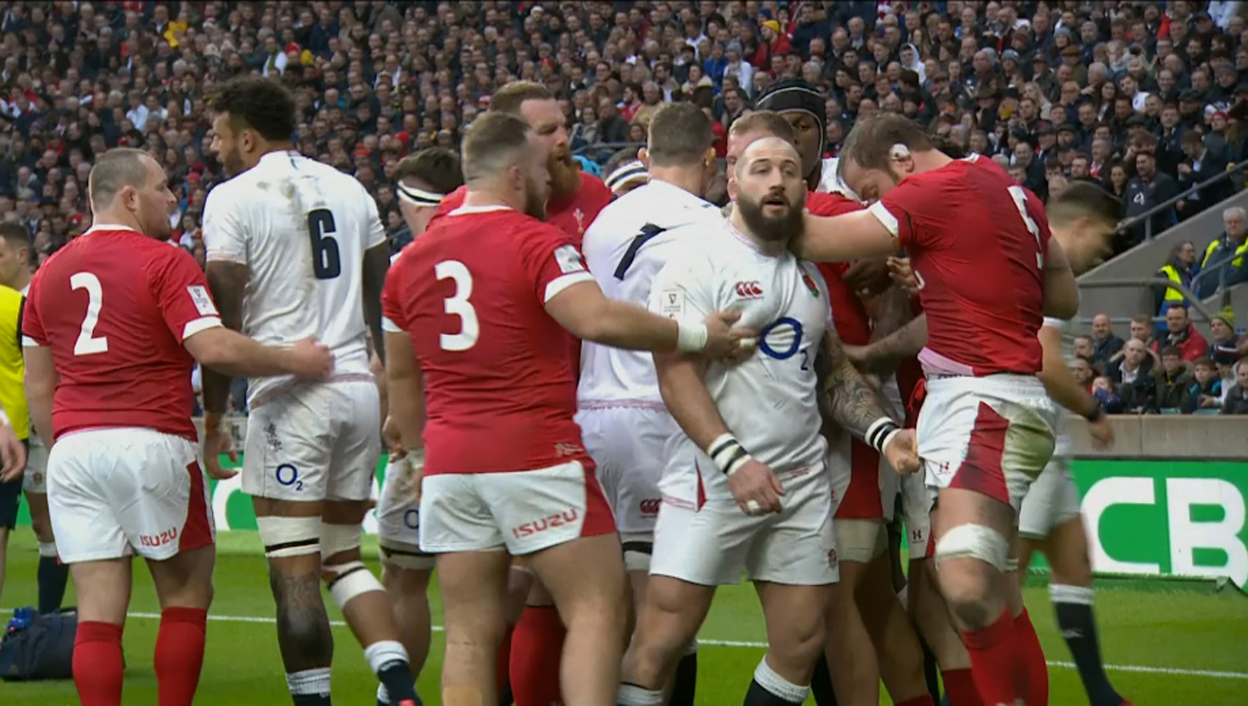  Joe Marler appears to grab Alun Wyn Jones genitals during the England v Wales try for Six Nations