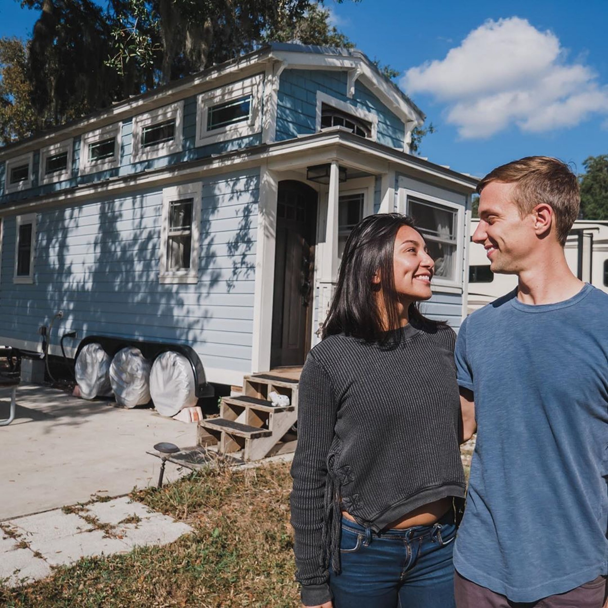 Sam and Tim outside Tiffany the tiny house on wheels