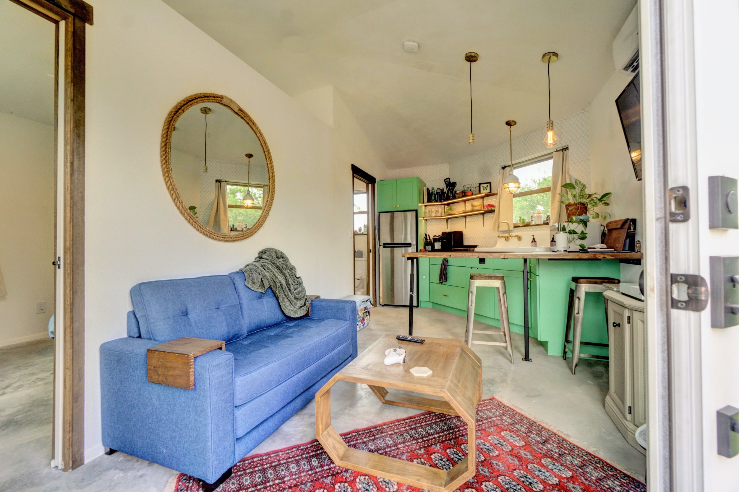 The kitchen and bedroom in the Octagon house.