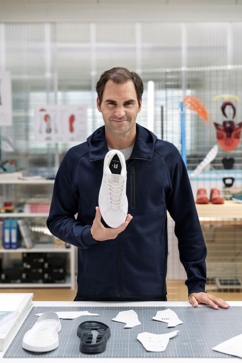 Tennis great Roger Federer displays his new lifestyle sneaker at the Zurich headquarters of startup performance running brand On.