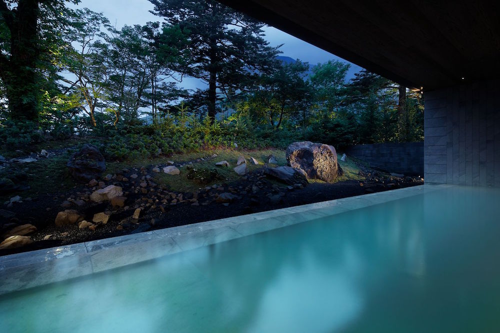 A pool looking out to nature at night