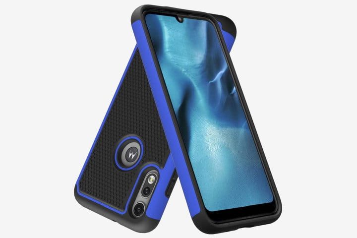 Photo shows the front and back view of a Moto E (2020) phone in a blue Dahkoiz Armor Defender case