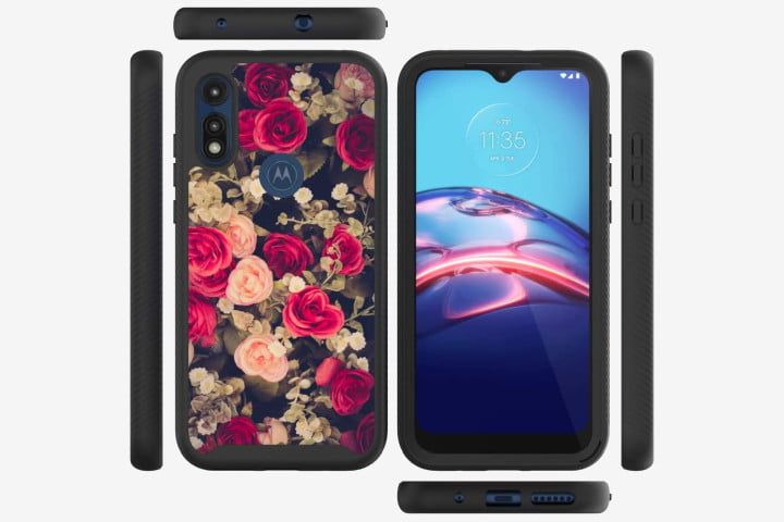 Photo shows the front and back of a Moto E 2020 smartphohne in a hard shell case with a dark red, pink, and black floral pattern