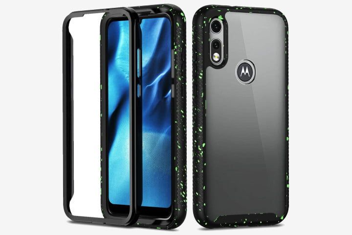 Photo shows the front and back of a Moto E (2020) smartphone in a black and green speckled bumper case with a clear screen protector