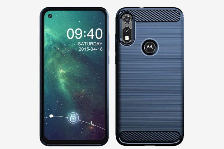 Photo shows a Moto E (2020) smartphone, front and back, in a Dzxouui soft tpu case