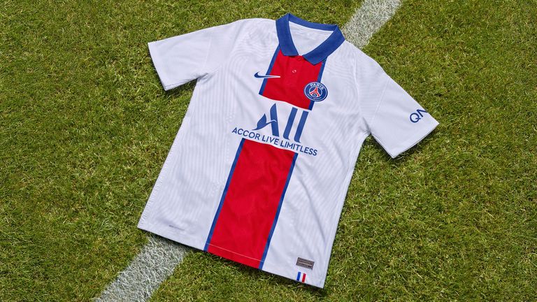 PSG's white away kit also features the 'Hechter' stripe