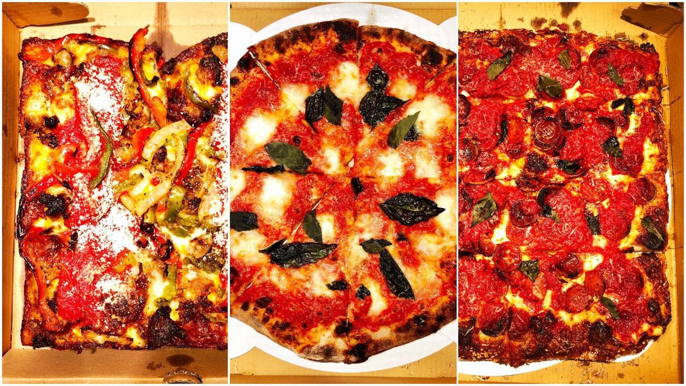 A trio of pizzas in different styles from Manayunk's new Pizza Jawn, including a Detroit-style pizza with sausage, mushrooms and peppers (left), a Neo/NYC round Margherita (center), and a sesame-dusted Grandma-style topped with pepperoni and hot honey.