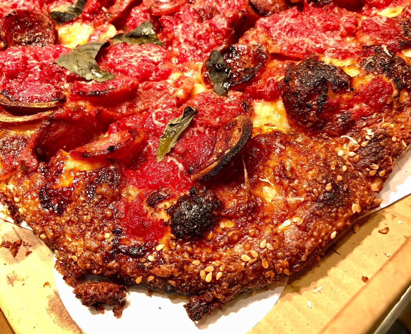 The addition of sesame to crust of Pizza Jawn&#39;s Grandma-style pie adds an extra crunch and nutty snap to the flavor.