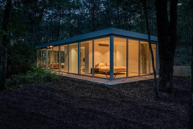 Glass House at night