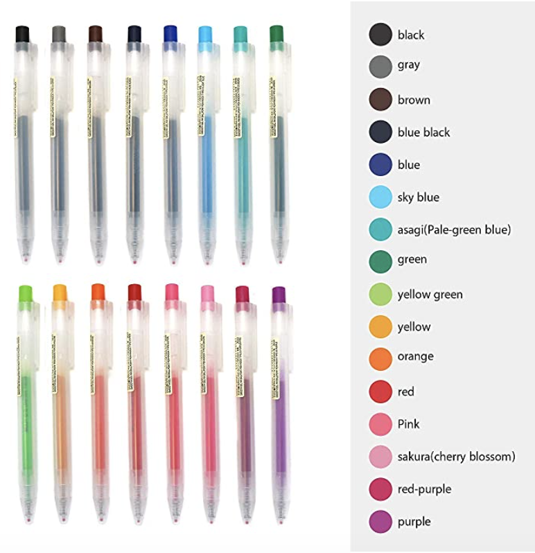 Muji Pen Retractable Gel Ink Bollpoint Pens 0.5mm, 16-colors. PHOTO: Amazon