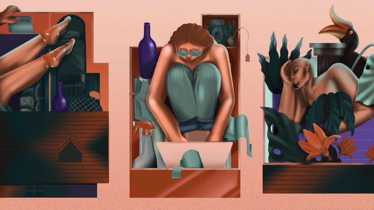 An illustration depicts three people stuffed into tight quarters, represented by drawers, with all their possessions, in a representation of how we’re living during the pandemic.