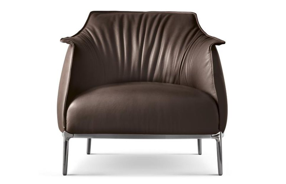 Chocolate-brown pleated leather on an Archibald chair brings to mind a big, comfy chocolate kiss to lounge in.